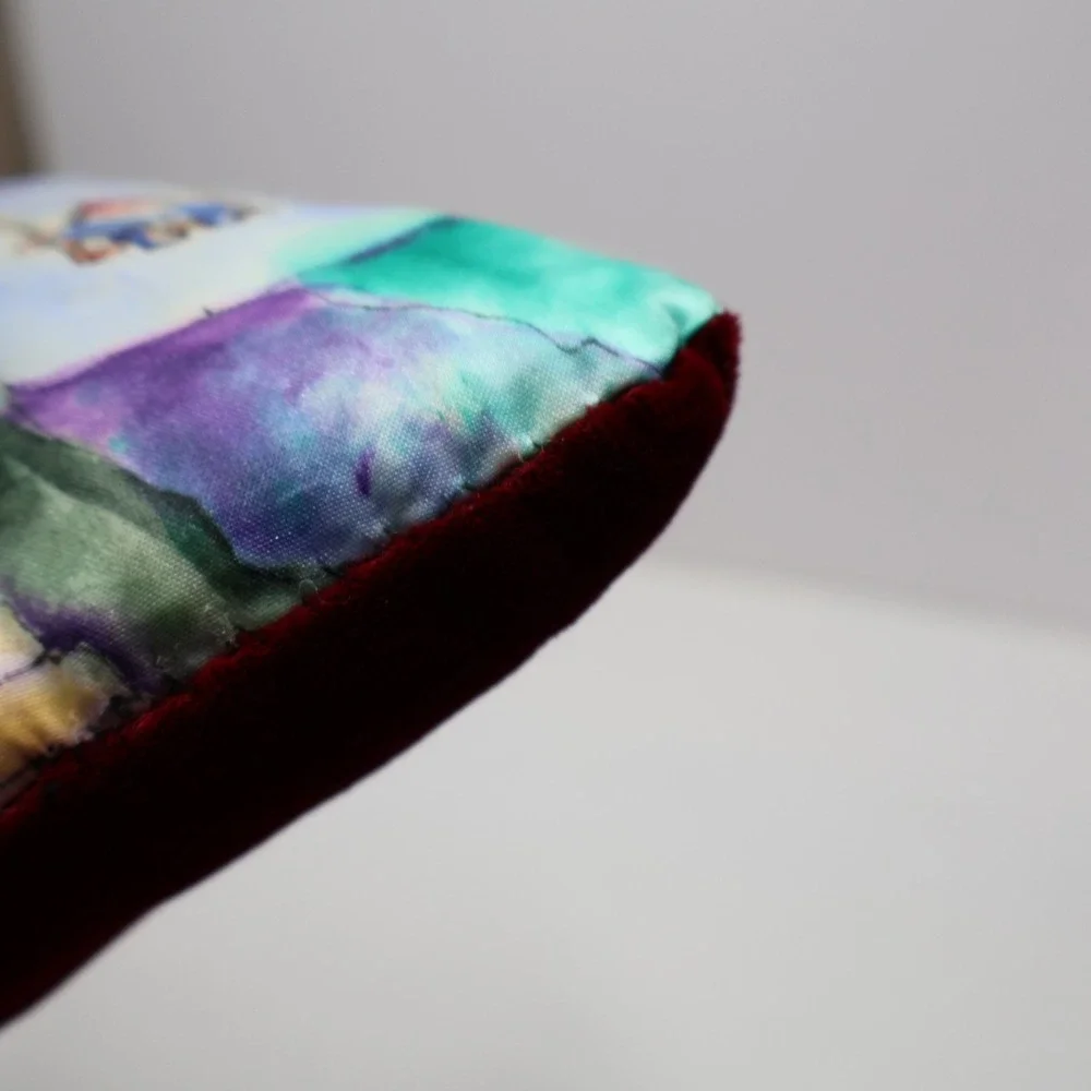 VTG 90s Hand Painted Silk Gnome Treehouse Small Pillow Red Velvet Back 9